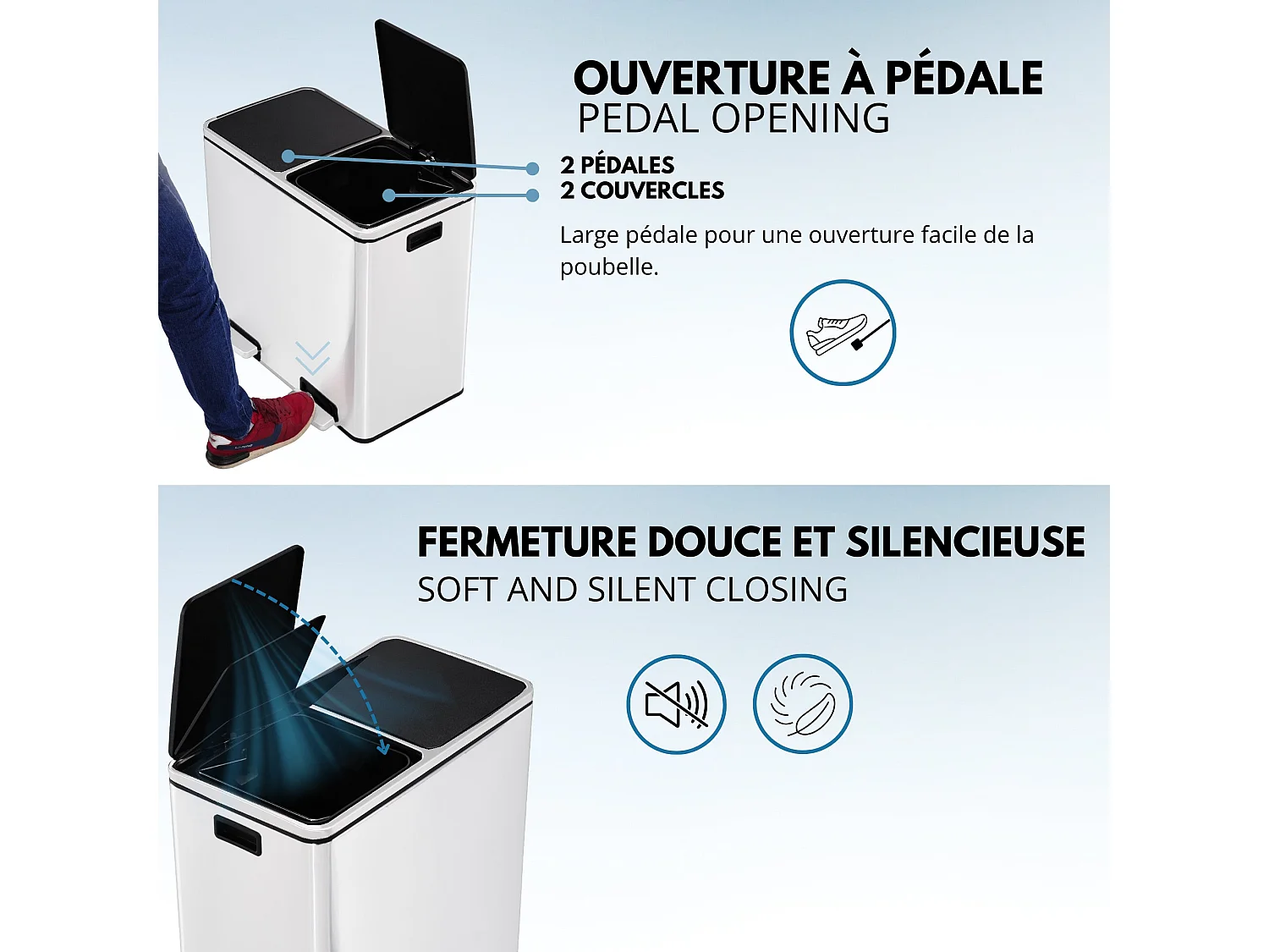 Poubelle de cuisine tri sélectif MAJOR Blanc Acier inoxydable 60L