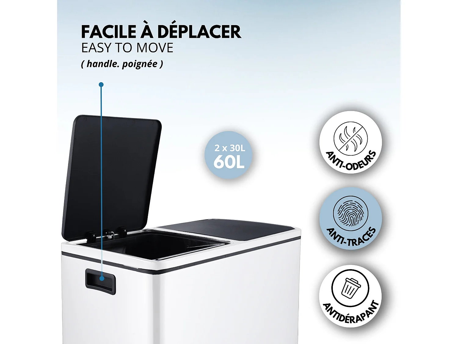 Poubelle de cuisine tri sélectif MAJOR Blanc Acier inoxydable 60L