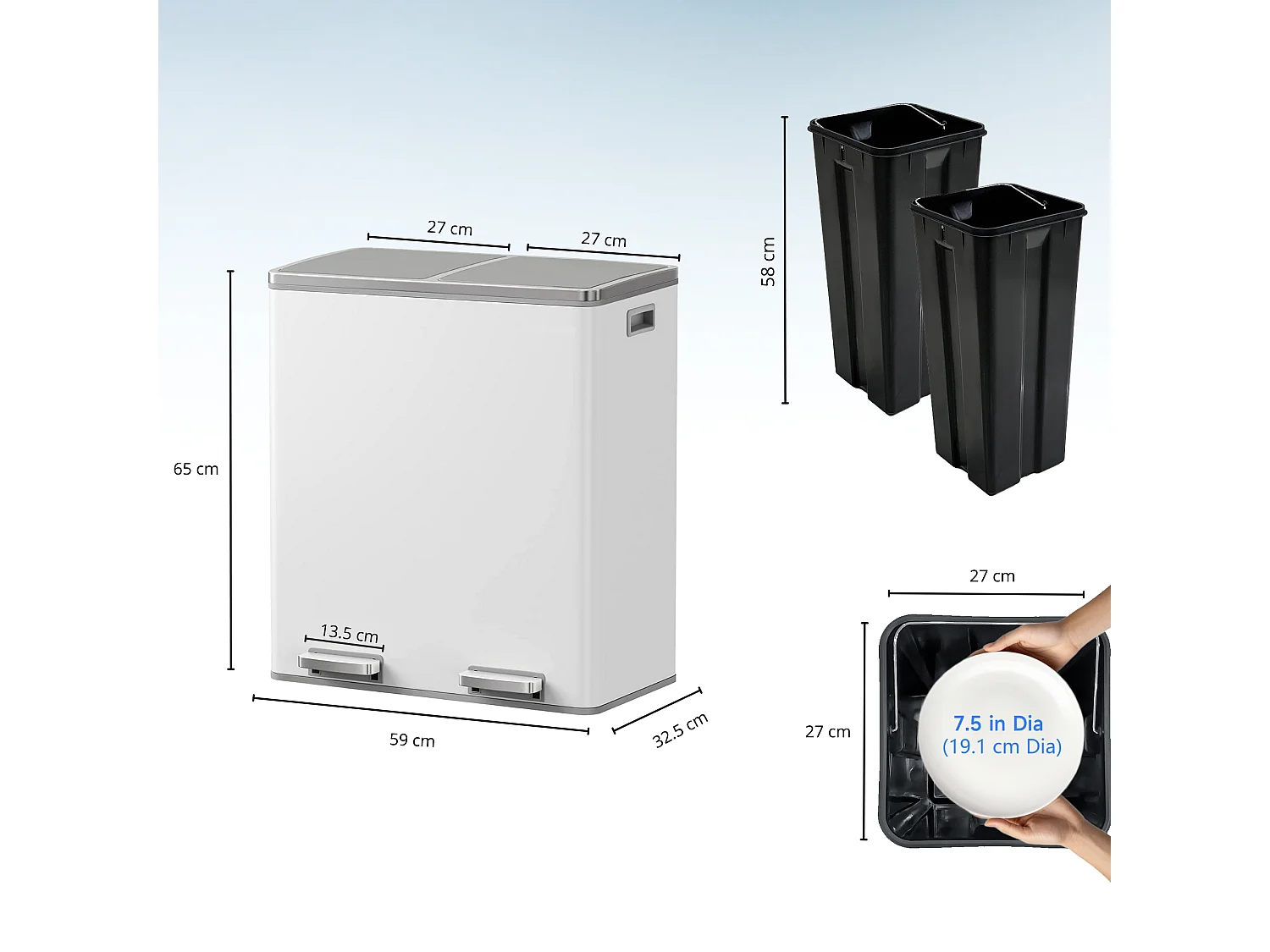 Poubelle de cuisine tri sélectif MAJOR Blanc Acier inoxydable 60L