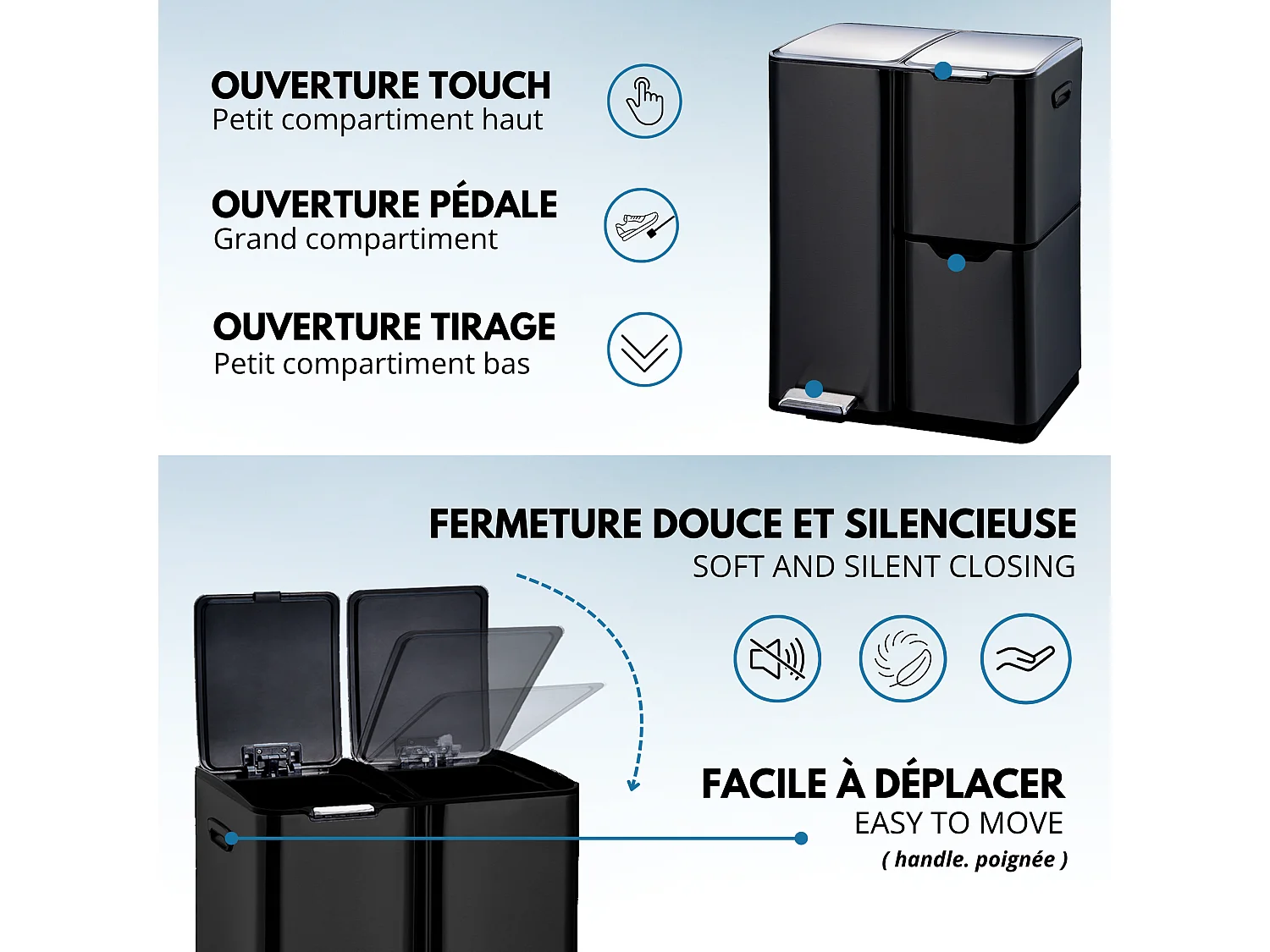 Poubelle de cuisine tri sélectif HAJA Noir Acier inoxydable 60L