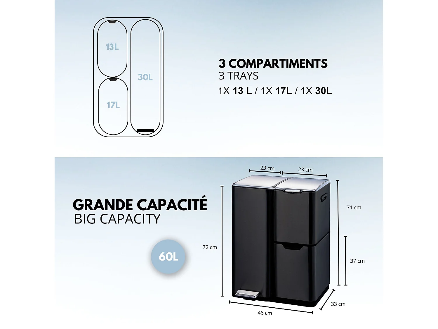 Poubelle de cuisine tri sélectif HAJA Noir Acier inoxydable 60L