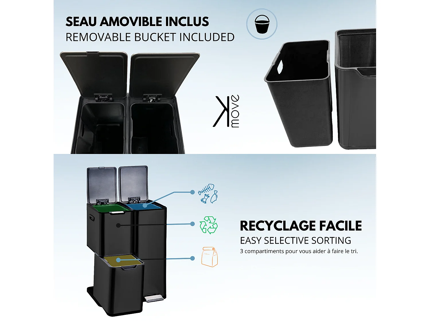 Poubelle de cuisine tri sélectif HAJA Noir Acier inoxydable 60L