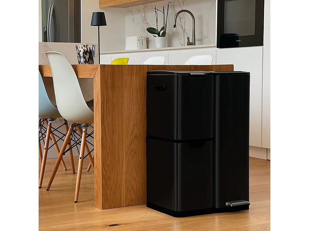 Poubelle de cuisine tri sélectif HAJA Noir Acier inoxydable 60L