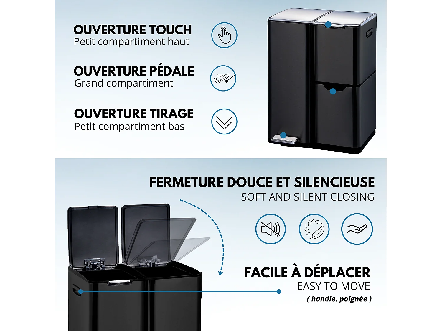 Poubelle pédale tri sélectif HAJA noir 60L