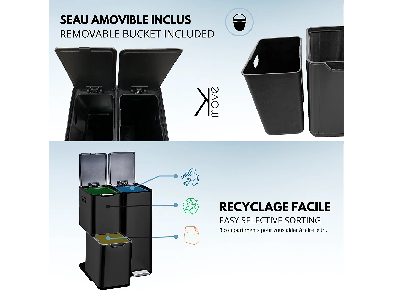 Poubelle pédale tri sélectif HAJA noir 60L