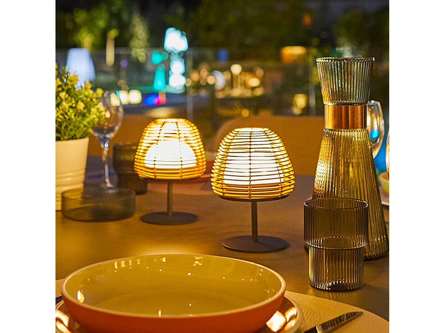 Set de 2 lampes de table bohème TWINS Bois Poly rotin H16CM