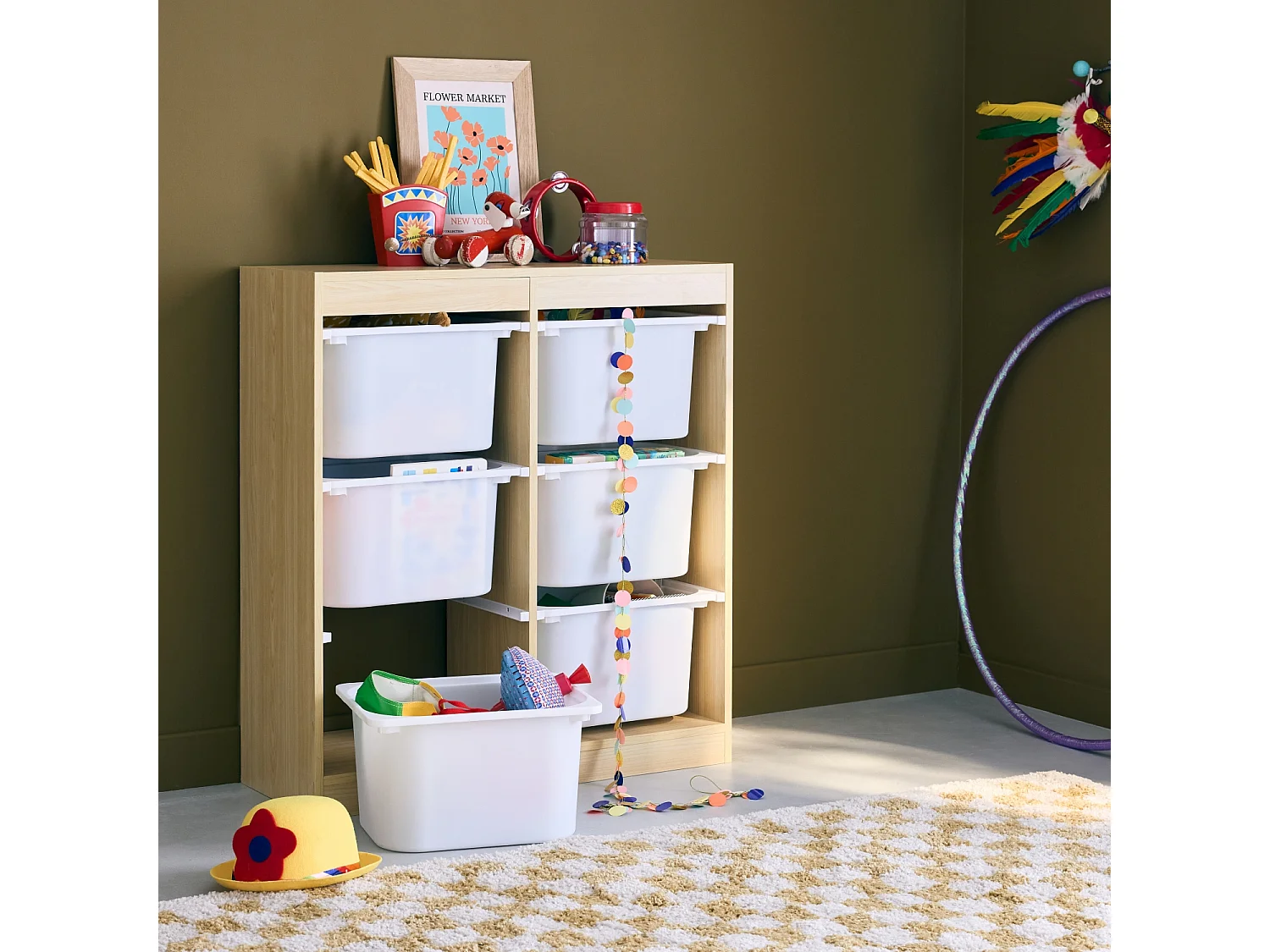 Mueble para niños con 6 cubos de almacenaje natural