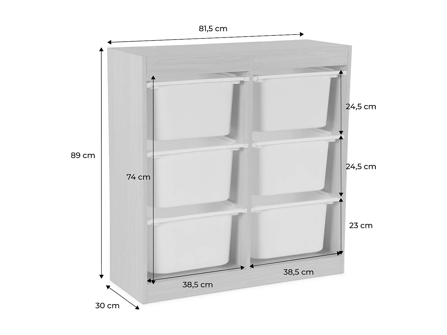 Meuble de rangement enfant. naturel. 6 bacs de rangement en plastique