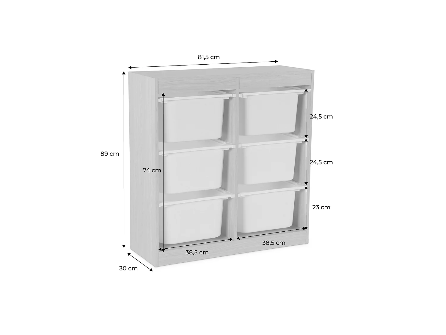Meuble de rangement enfant. naturel. 6 bacs de rangement en plastique