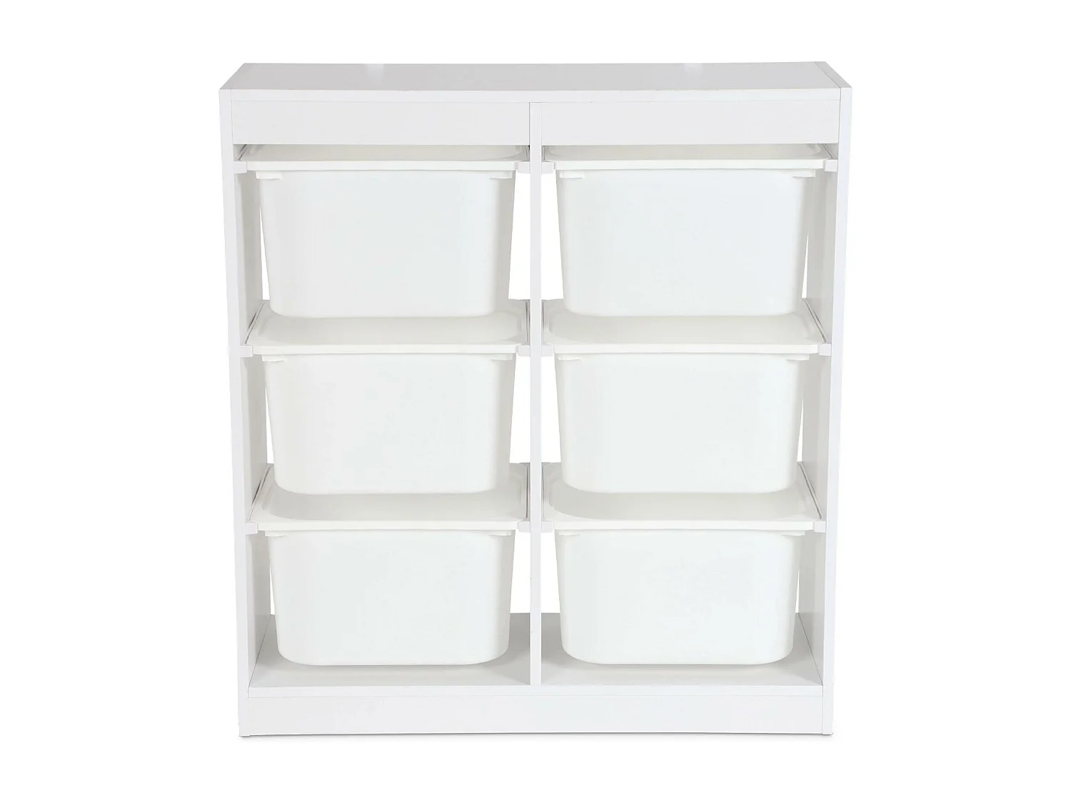 Meuble de rangement enfant. blanc. 6 bacs de rangement en plastique