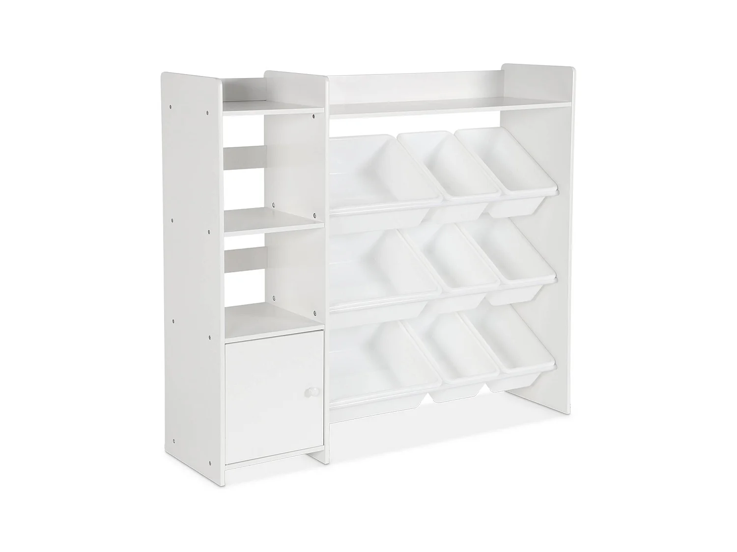 Meuble de rangement enfant. blanc. 9 bacs de rangement. 4 étagères. 1 porte
