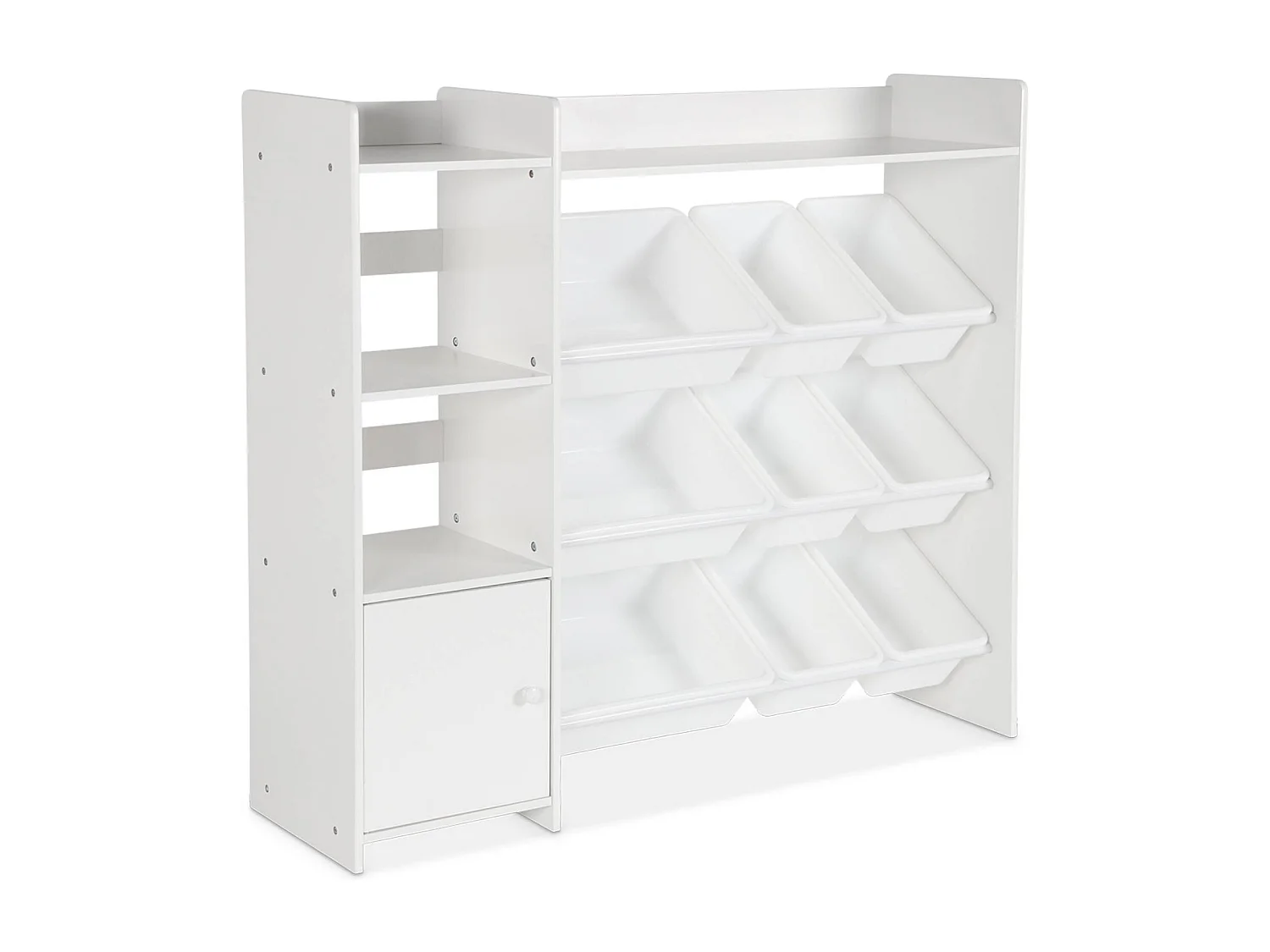 Meuble de rangement enfant. blanc. 9 bacs de rangement. 4 étagères. 1 porte