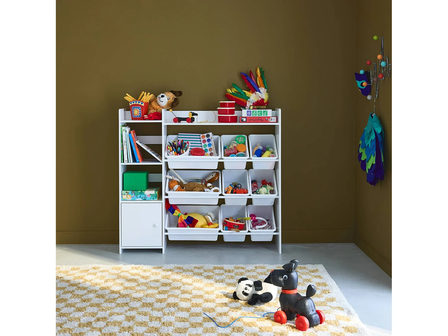 Meuble de rangement enfant. blanc. 9 bacs de rangement. 4 étagères. 1 porte