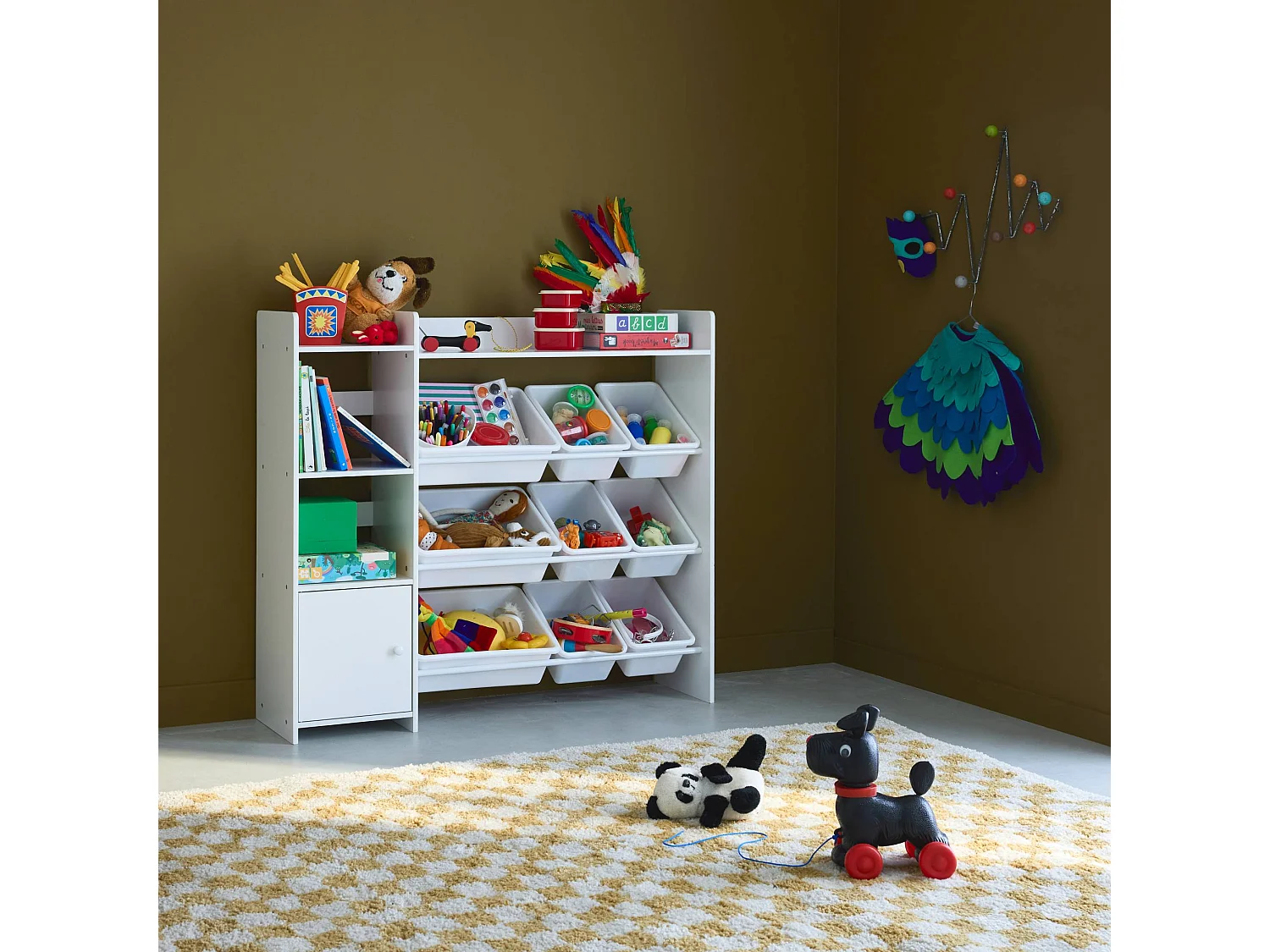 Meuble de rangement enfant. blanc. 9 bacs de rangement. 4 étagères. 1 porte