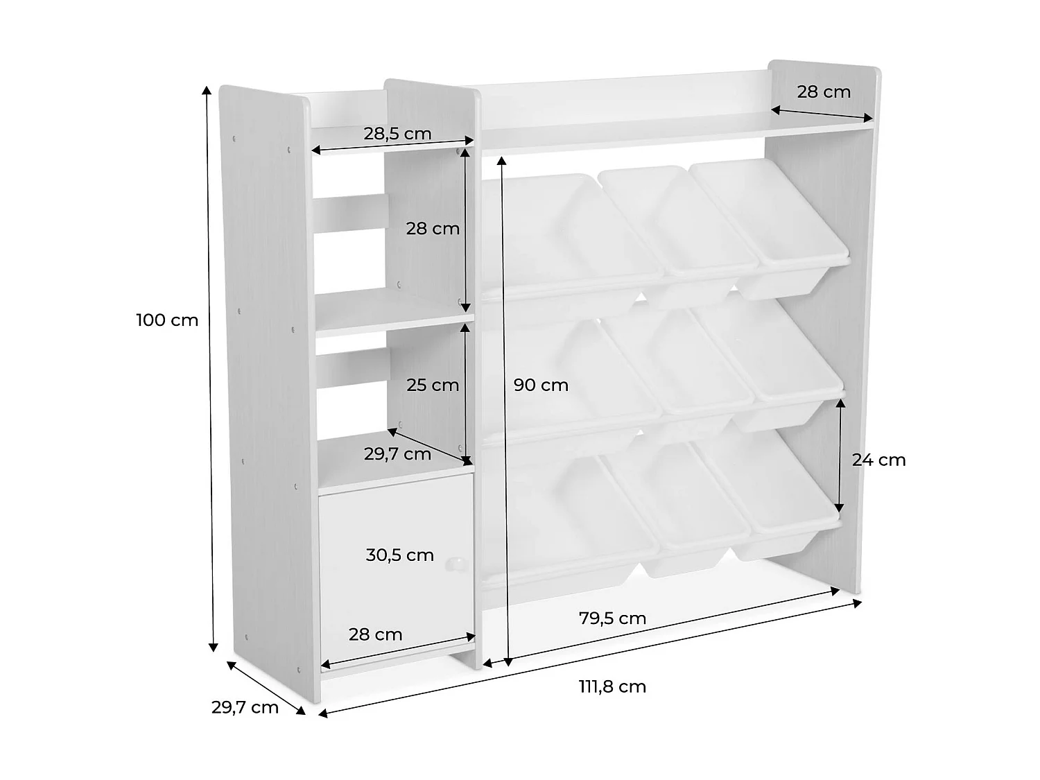 Meuble de rangement enfant. blanc. 9 bacs de rangement. 4 étagères. 1 porte