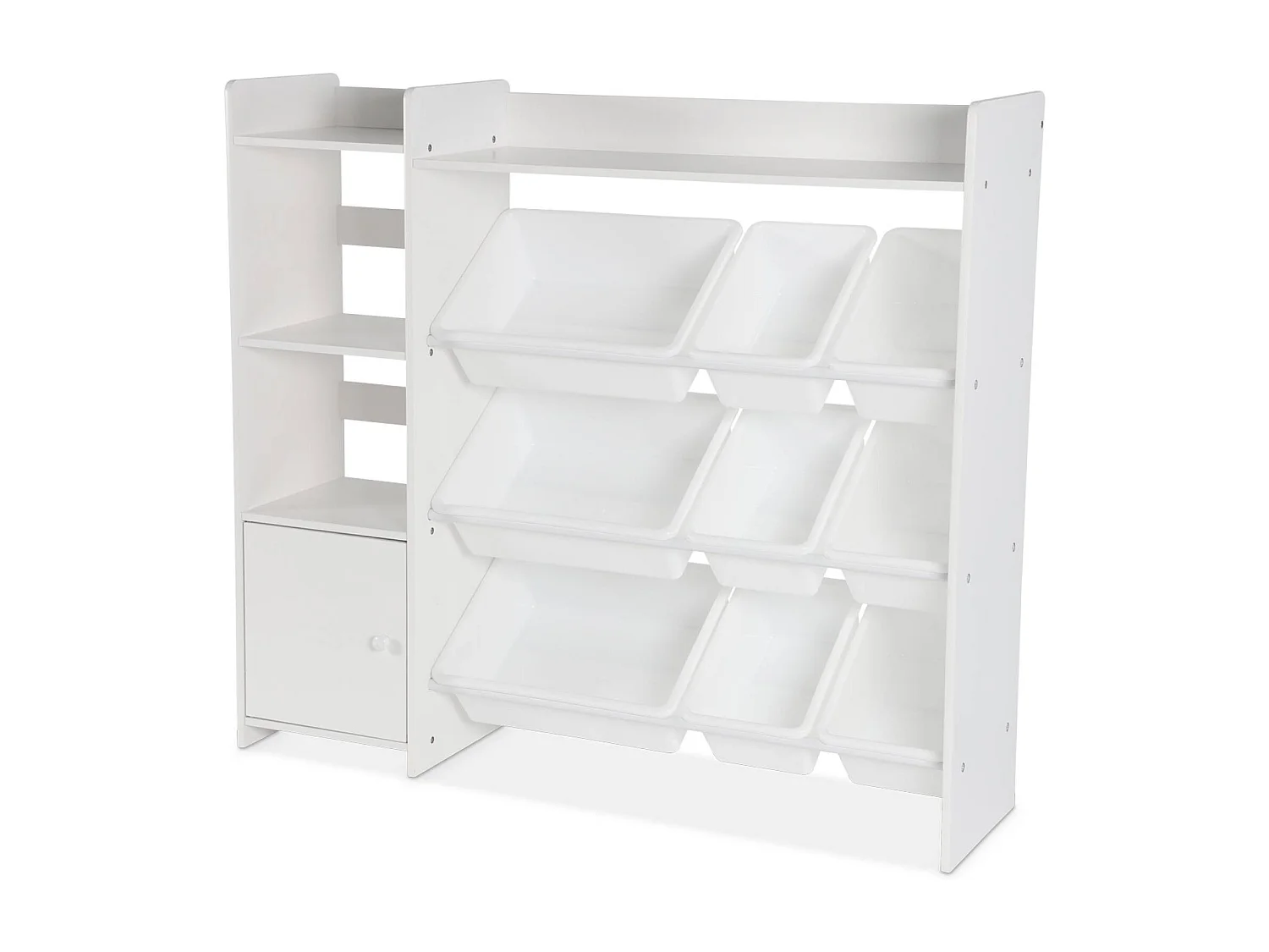 Meuble de rangement enfant. blanc. 9 bacs de rangement. 4 étagères. 1 porte