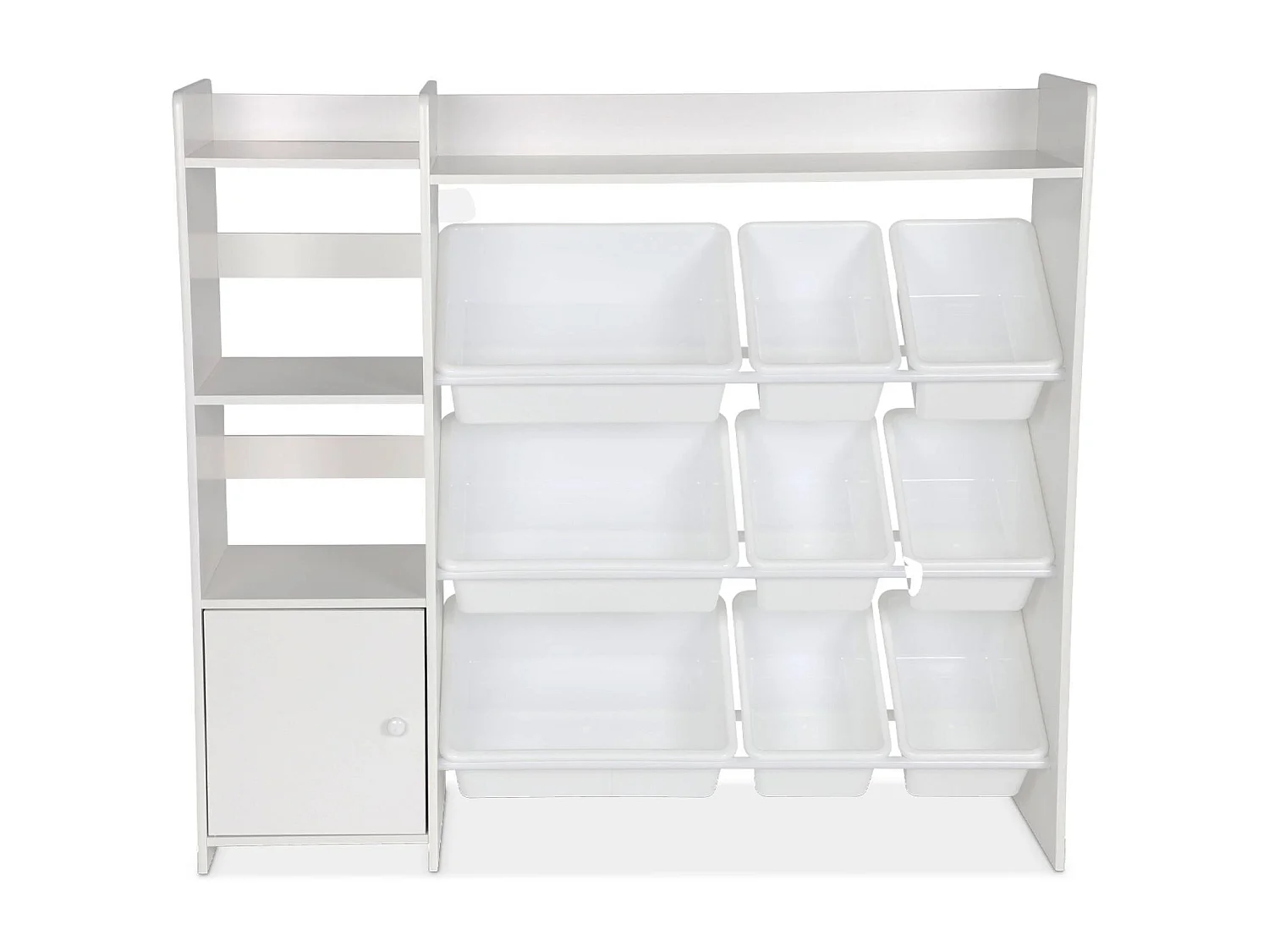 Meuble de rangement enfant. blanc. 9 bacs de rangement. 4 étagères. 1 porte