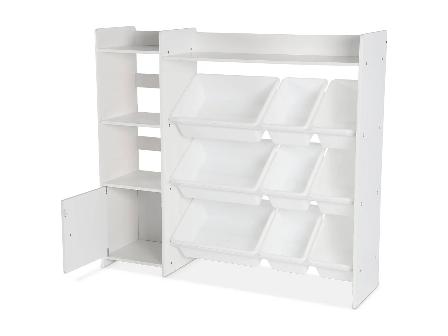 Meuble de rangement enfant. blanc. 9 bacs de rangement. 4 étagères. 1 porte