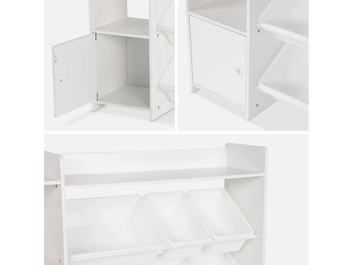 Meuble de rangement enfant. blanc. 9 bacs de rangement. 4 étagères. 1 porte