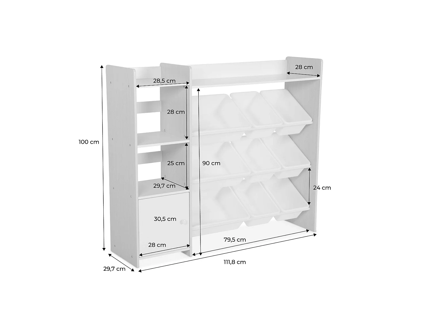 Mueble para niños con 9 cubos, 4 estantes y 1 puerta blanco