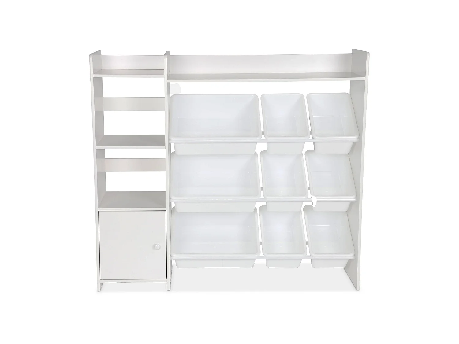 Mueble para niños con 9 cubos, 4 estantes y 1 puerta blanco