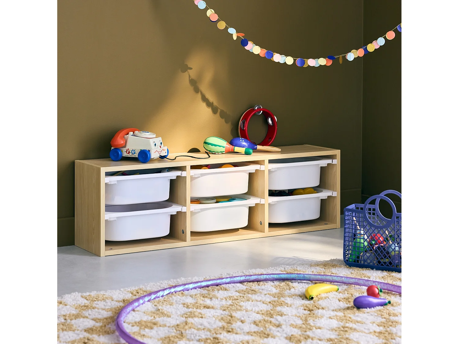 Meuble de rangement pour enfant. naturel. 6 bacs en plastique