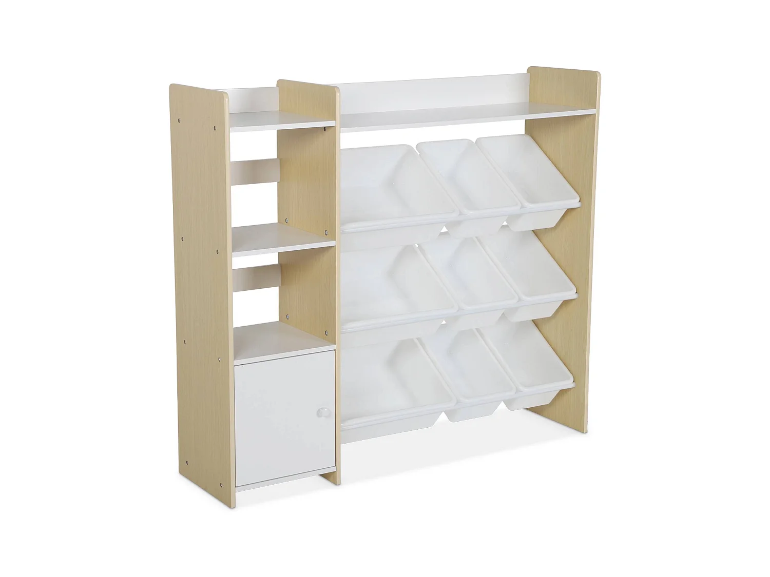 Meuble de rangement enfant. naturel. 9 bacs de rangement. 4 étagères. 1 porte