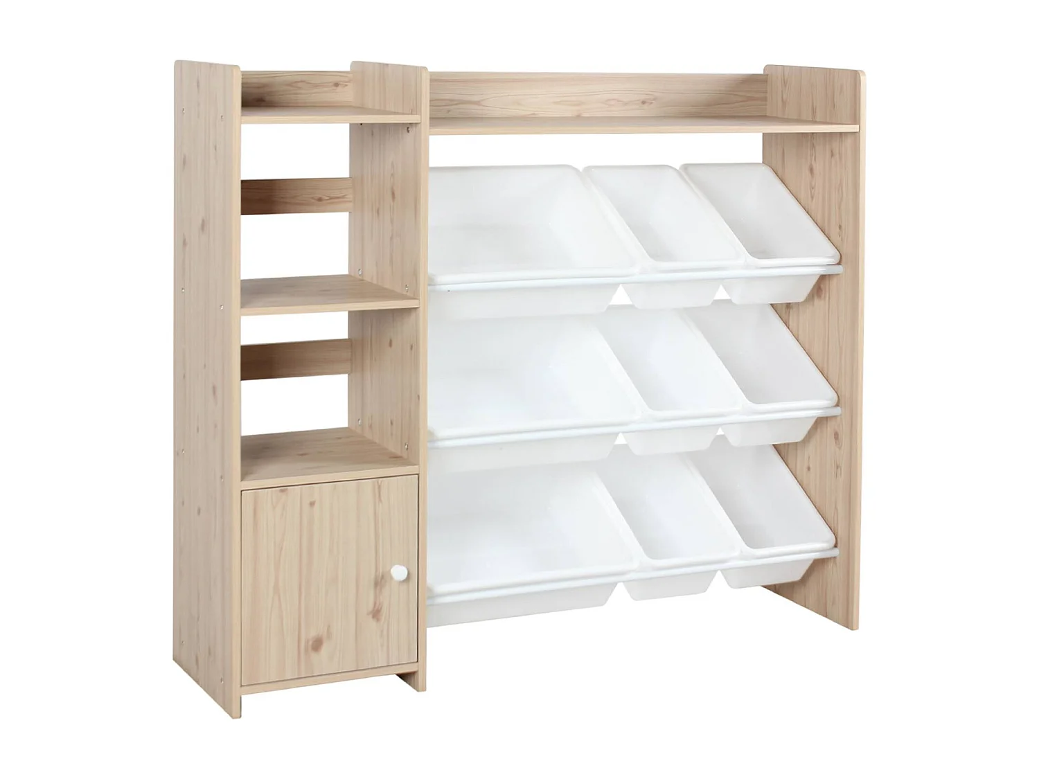 Meuble de rangement enfant. naturel. 9 bacs de rangement. 4 étagères. 1 porte