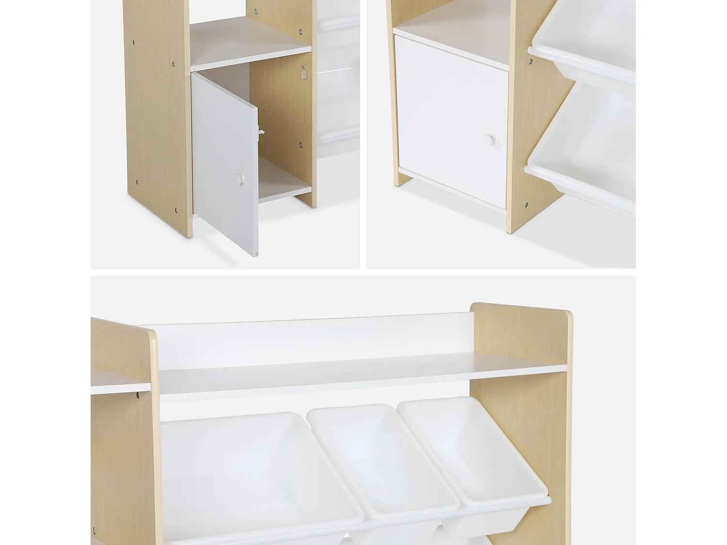 Meuble de rangement enfant. naturel. 9 bacs de rangement. 4 étagères. 1 porte