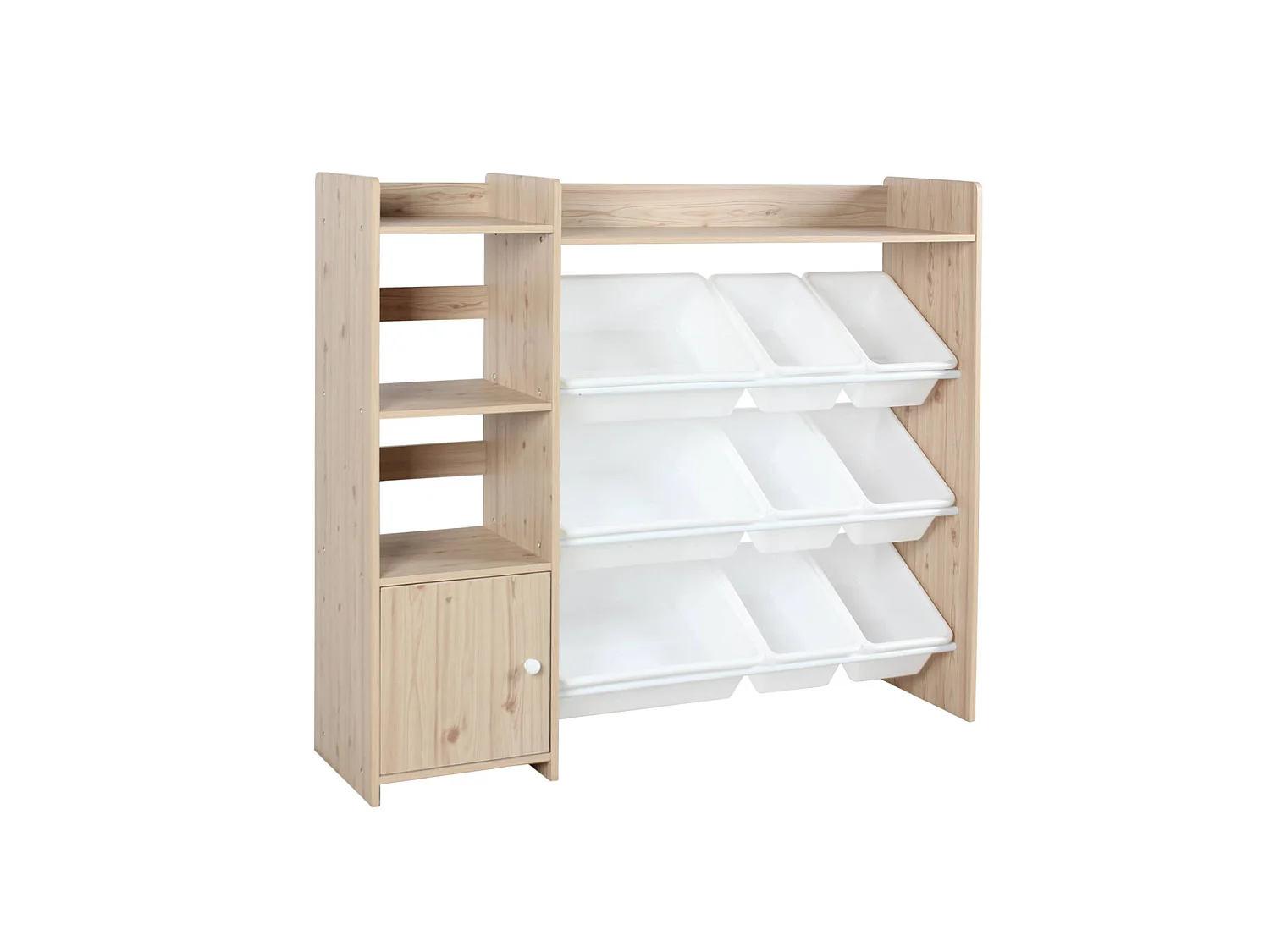 Meuble de rangement enfant. naturel. 9 bacs de rangement. 4 étagères. 1 porte