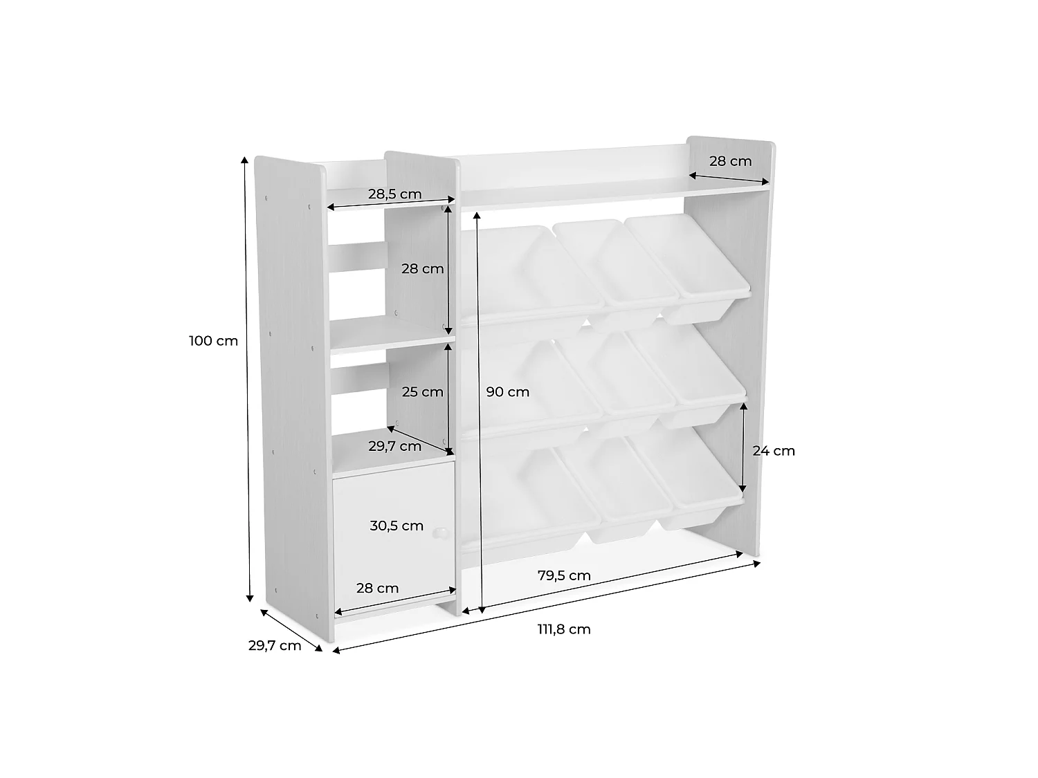 Meuble de rangement enfant. naturel. 9 bacs de rangement. 4 étagères. 1 porte