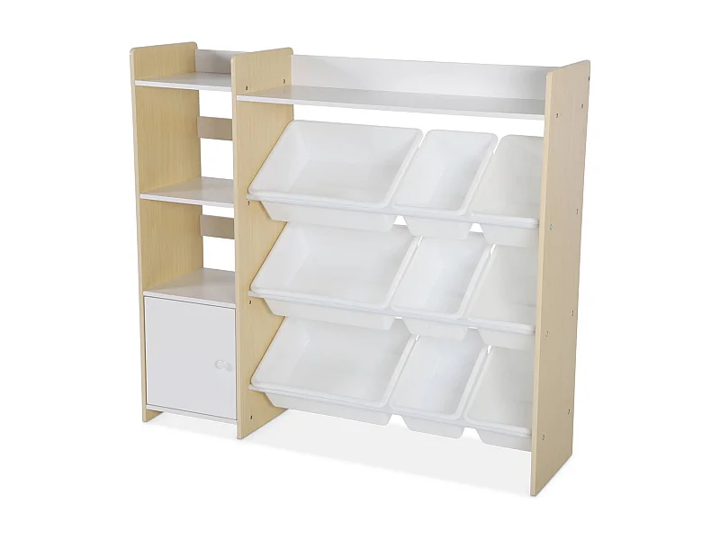 Meuble de rangement enfant. naturel. 9 bacs de rangement. 4 étagères. 1 porte