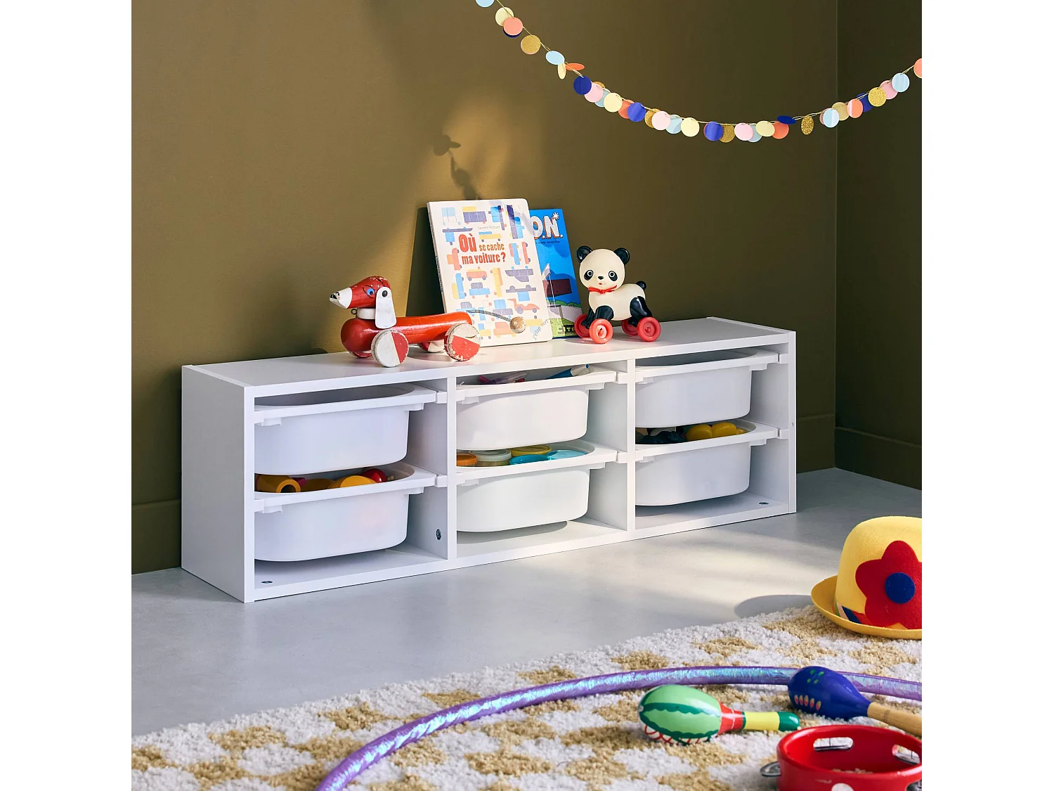 Meuble de rangement pour enfant. blanc. 6 bacs en plastique