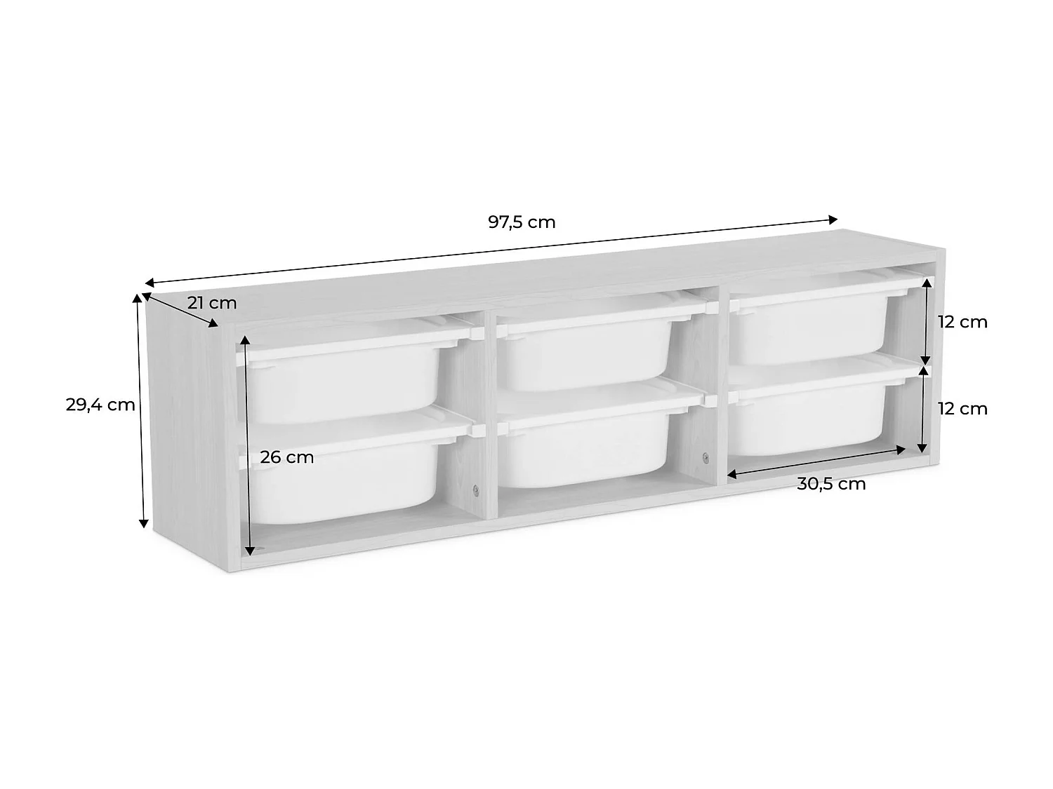 Meuble de rangement pour enfant. blanc. 6 bacs en plastique