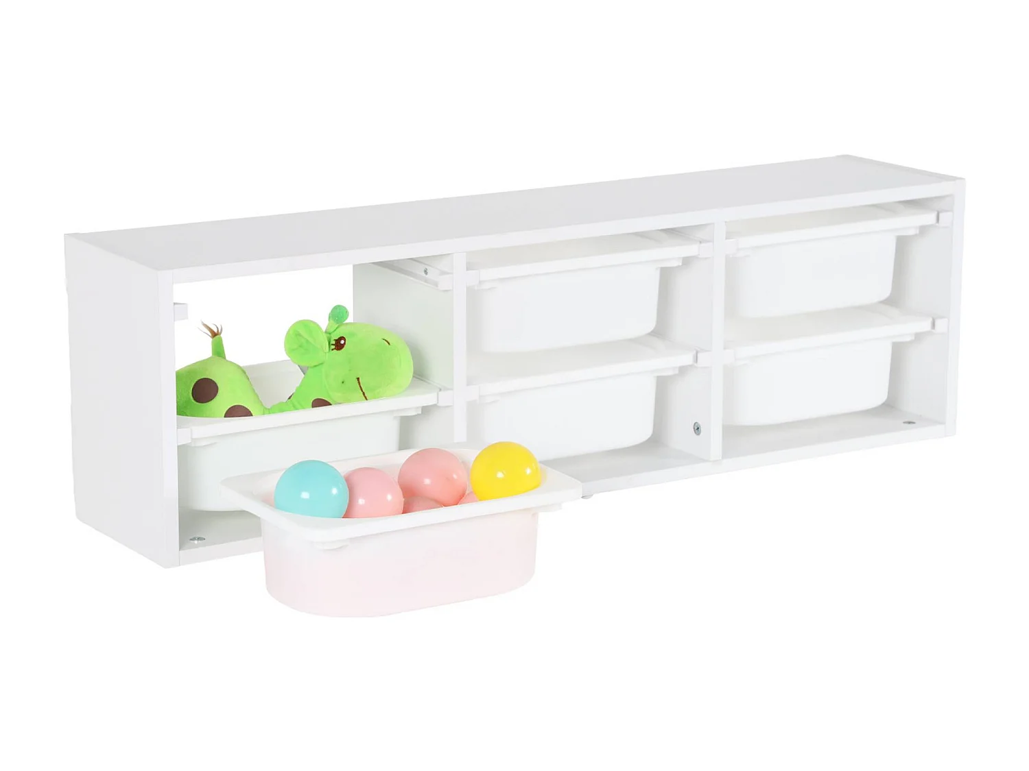 Meuble de rangement pour enfant. blanc. 6 bacs en plastique