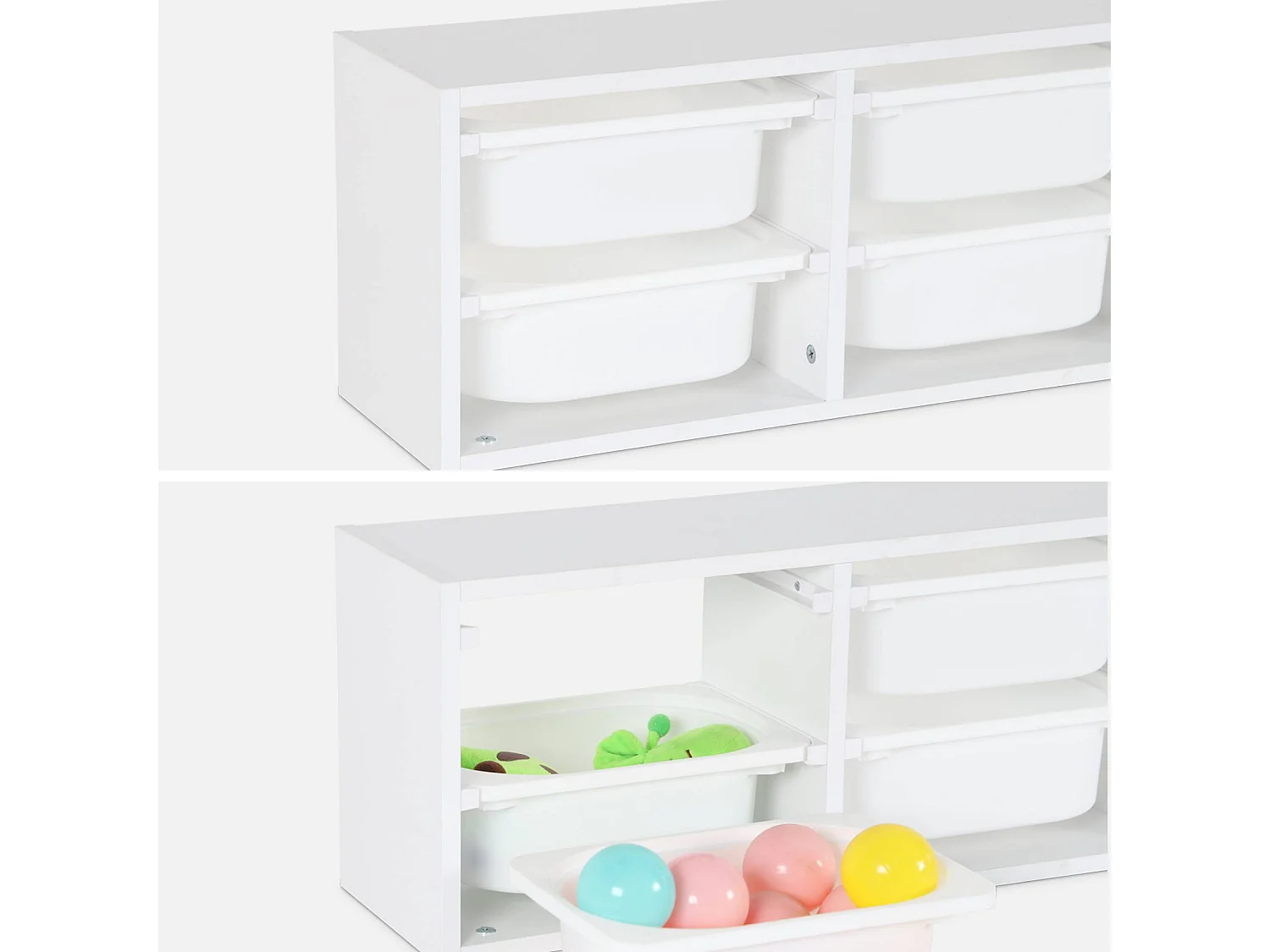 Meuble de rangement pour enfant. blanc. 6 bacs en plastique