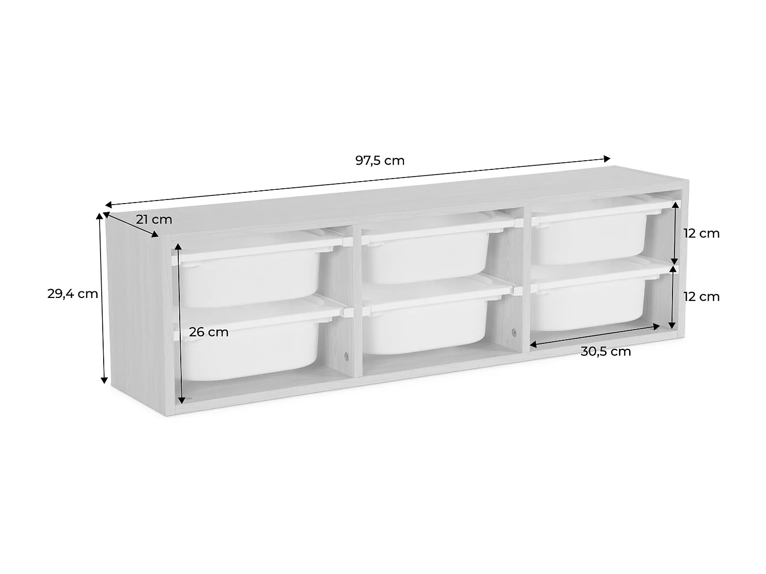 Meuble de rangement pour enfant. blanc. 6 bacs en plastique