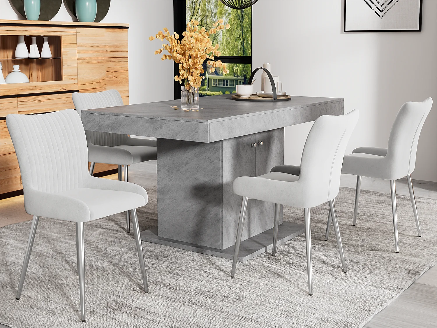 Set van 4 fluwelen stoelen - met zilveren metalen poten - Grijs