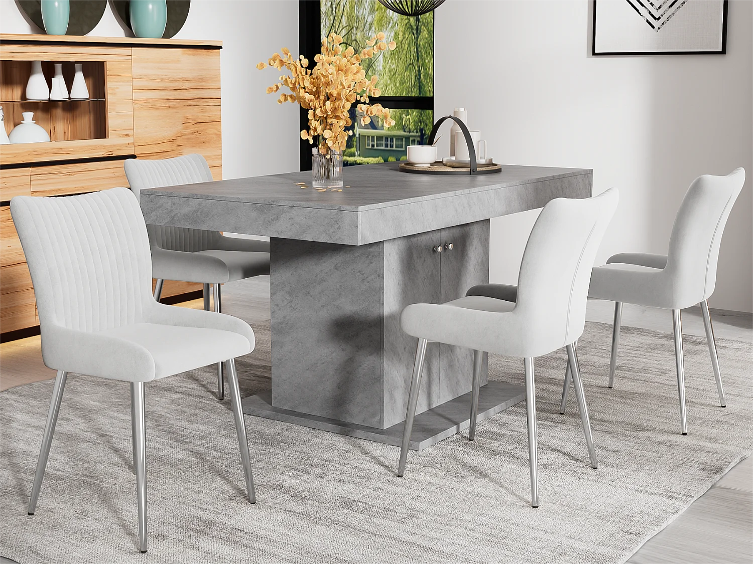 Set van 4 fluwelen stoelen - met zilveren metalen poten - Grijs