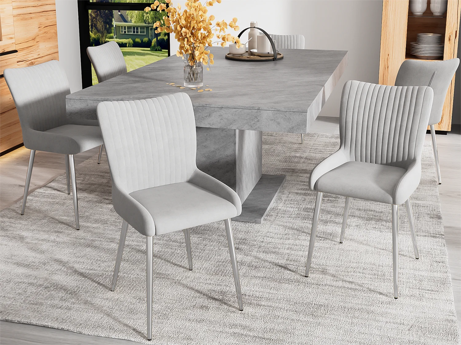 Lot de 6 Chaises en velours - avec pieds en métal argenté - Gris