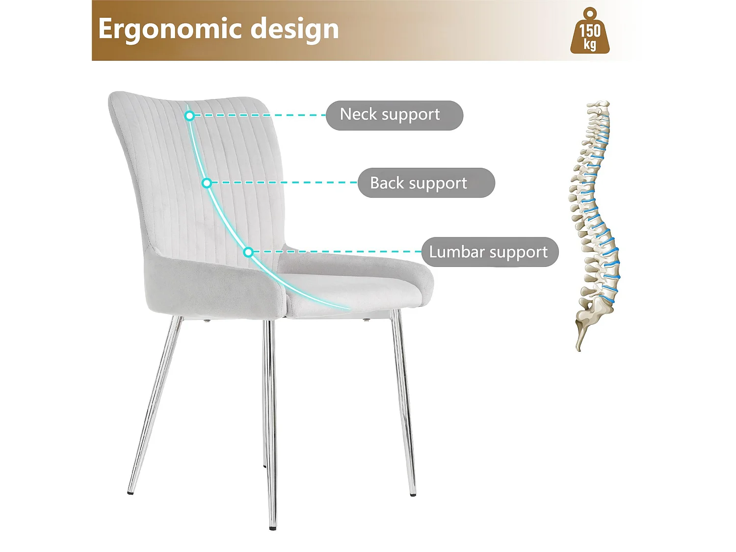 Lot de 6 Chaises en velours - avec pieds en métal argenté - Gris