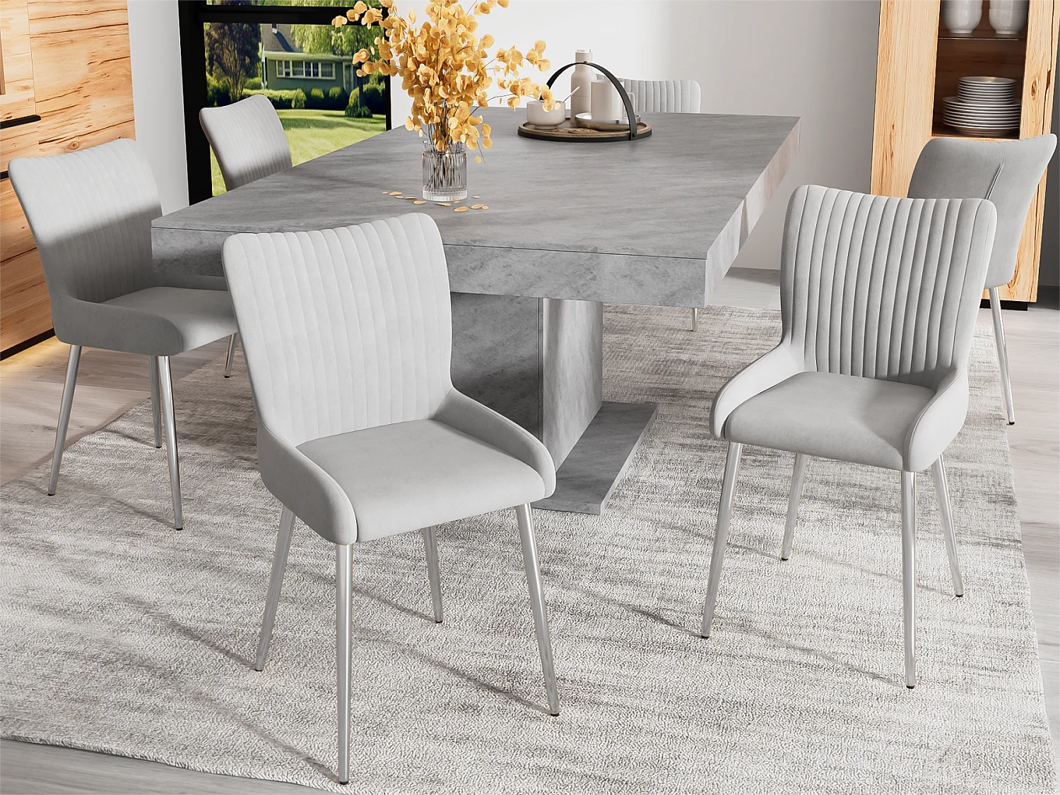 Lot de 6 Chaises en velours - avec pieds en métal argenté - Gris