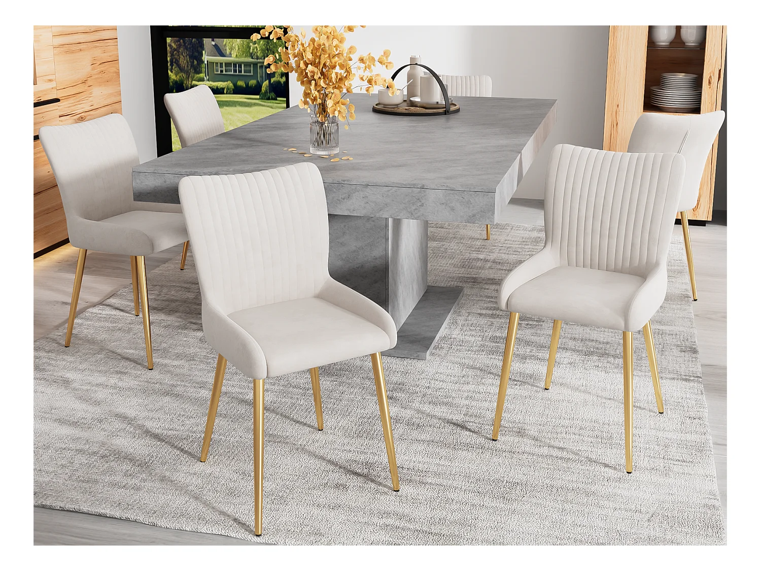Lot de 6 Chaises en velours - avec pieds en métal doré - Beige