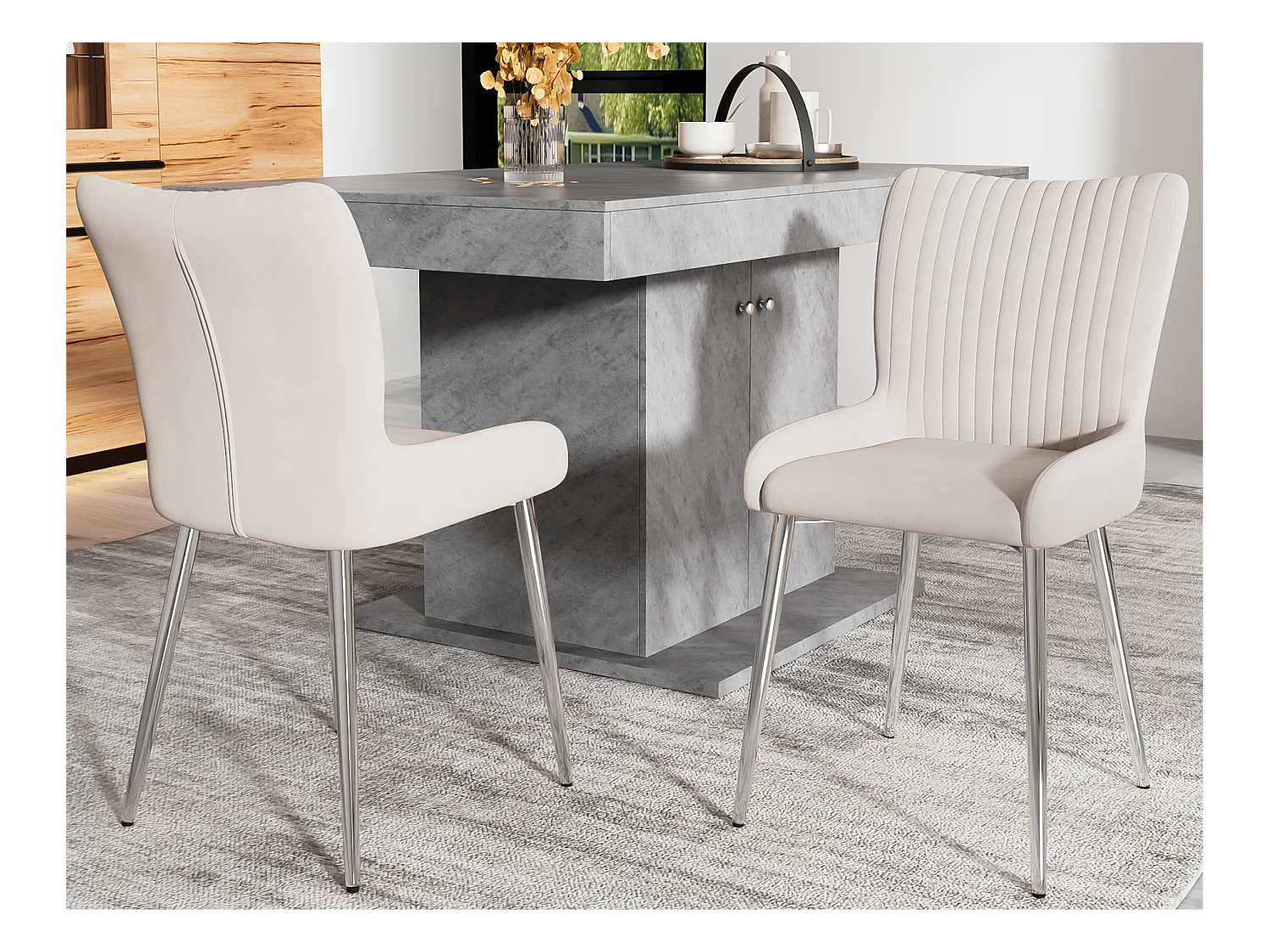 Lot de 2 Chaises en velours - avec pieds en métal argenté - Beige