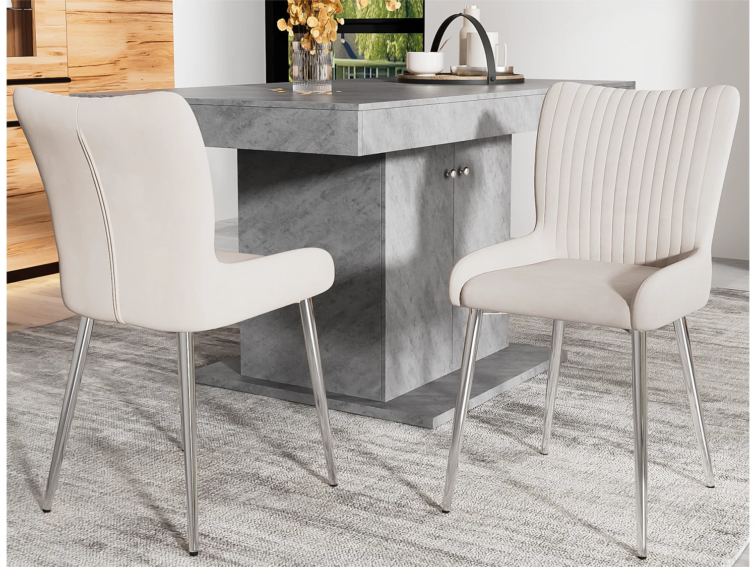 Lot de 2 Chaises en velours - avec pieds en métal argenté - Beige