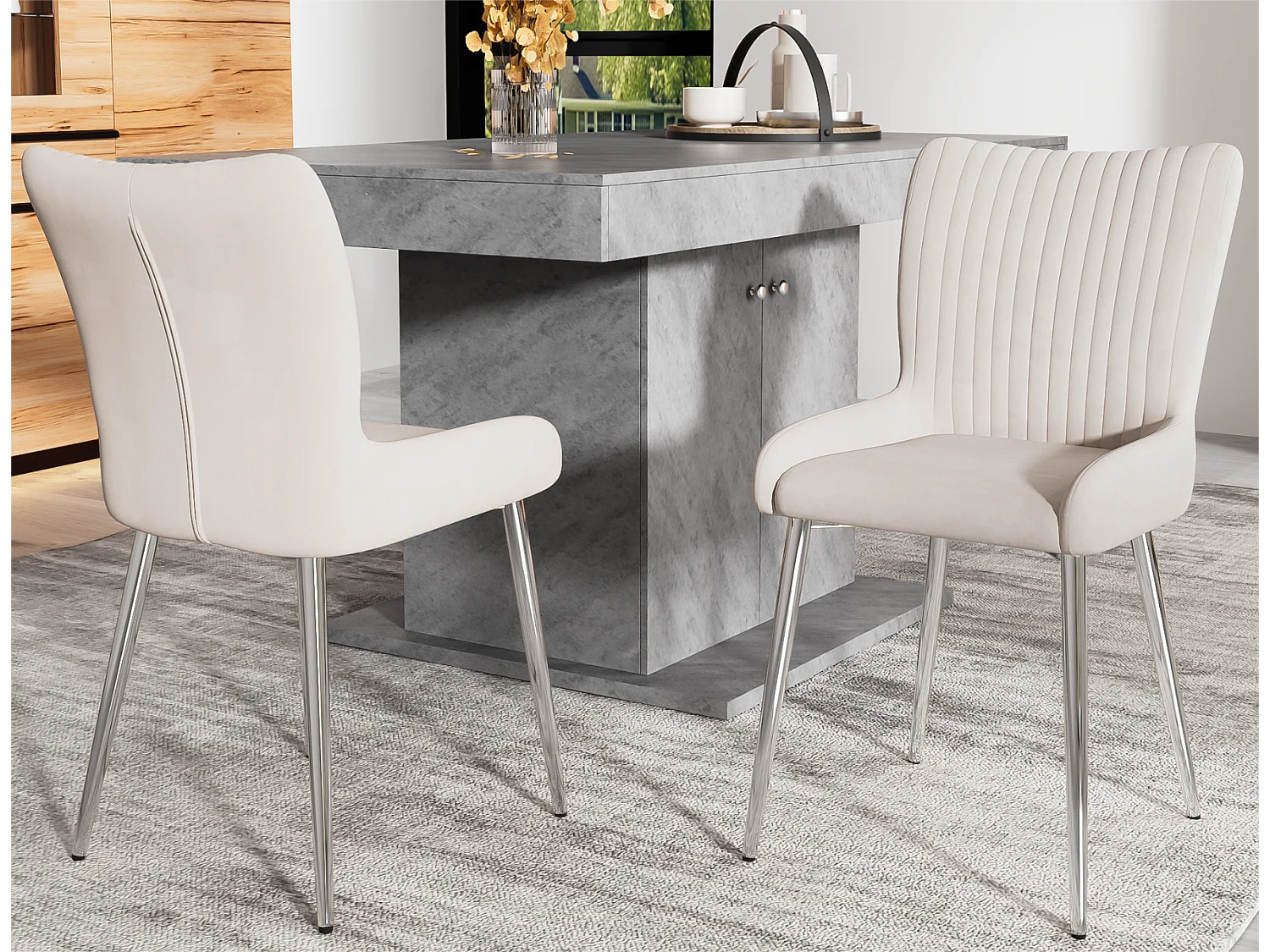 Set di 2 sedie in velluto - con gambe in metallo argentato - Beige