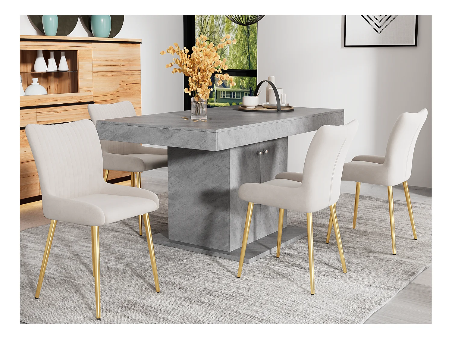 Lot de 4 Chaises en velours - avec pieds en métal doré - Beige