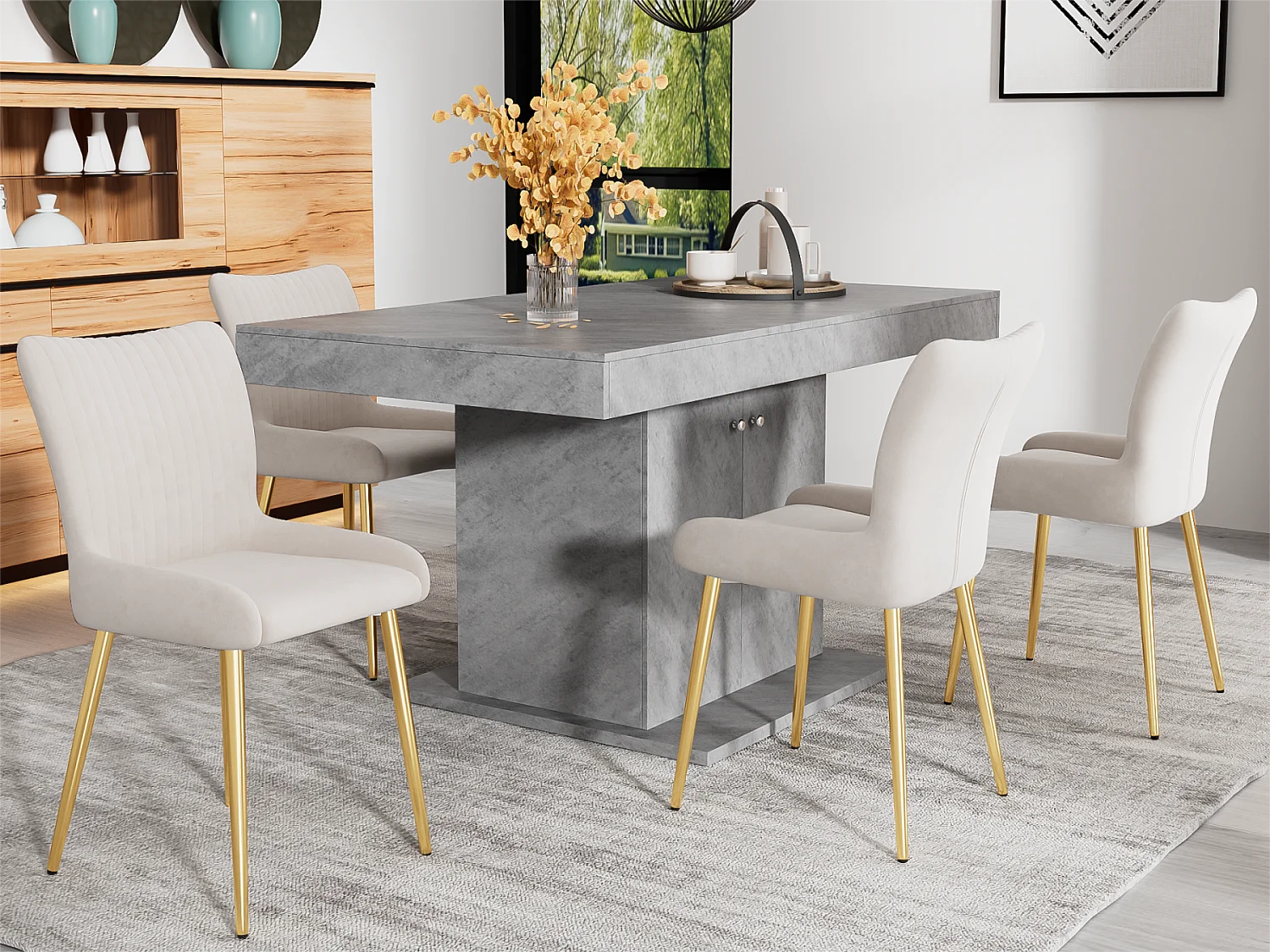 Set di 4 sedie in velluto - con gambe in metallo dorato - Beige