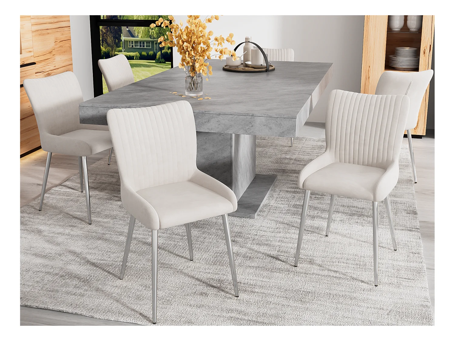 Lot de 6 Chaises en velours - avec pieds en métal argenté - Beige