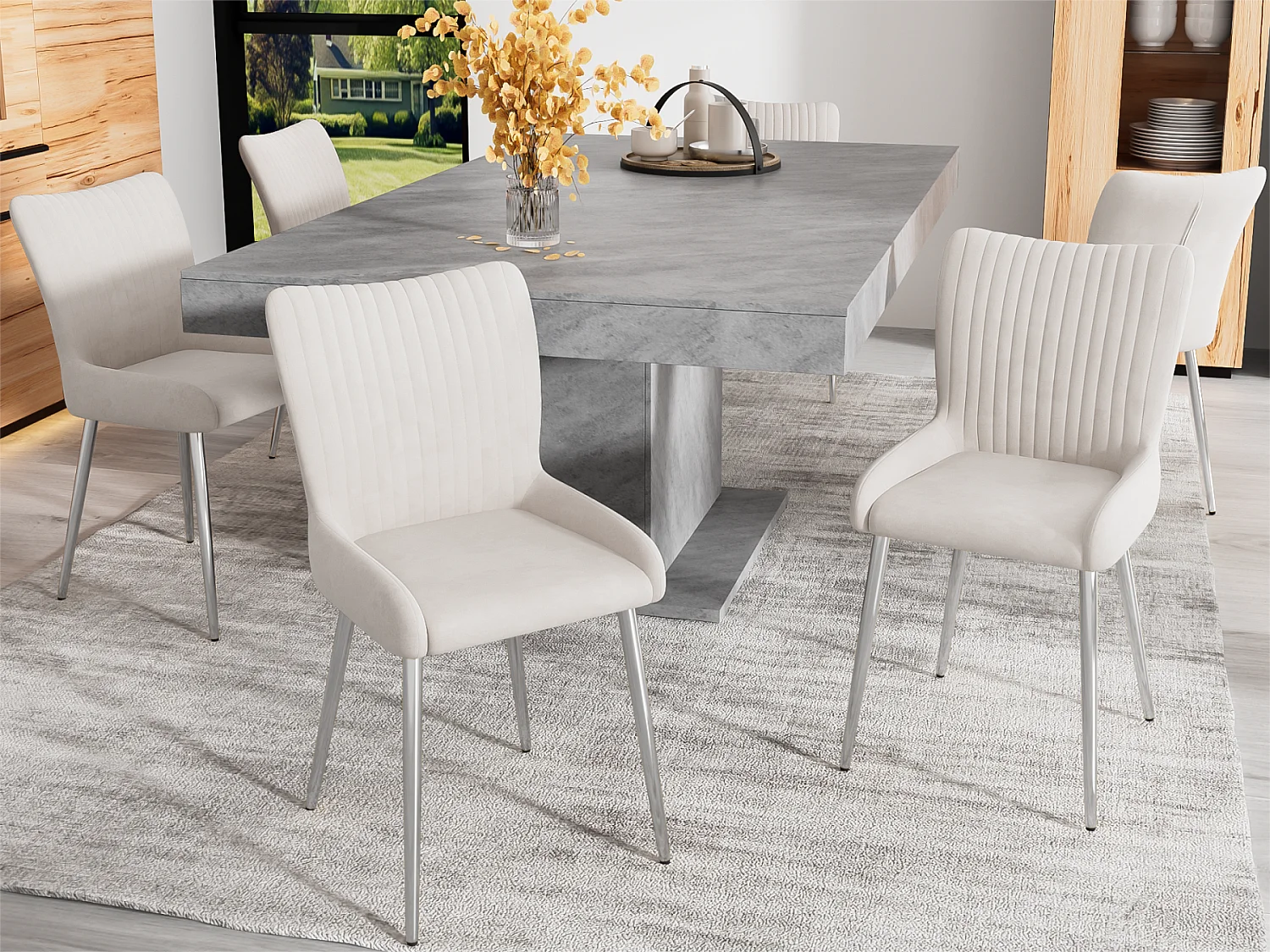 Set van 6 Velvet stoelen - met zilveren metalen poten - Beige